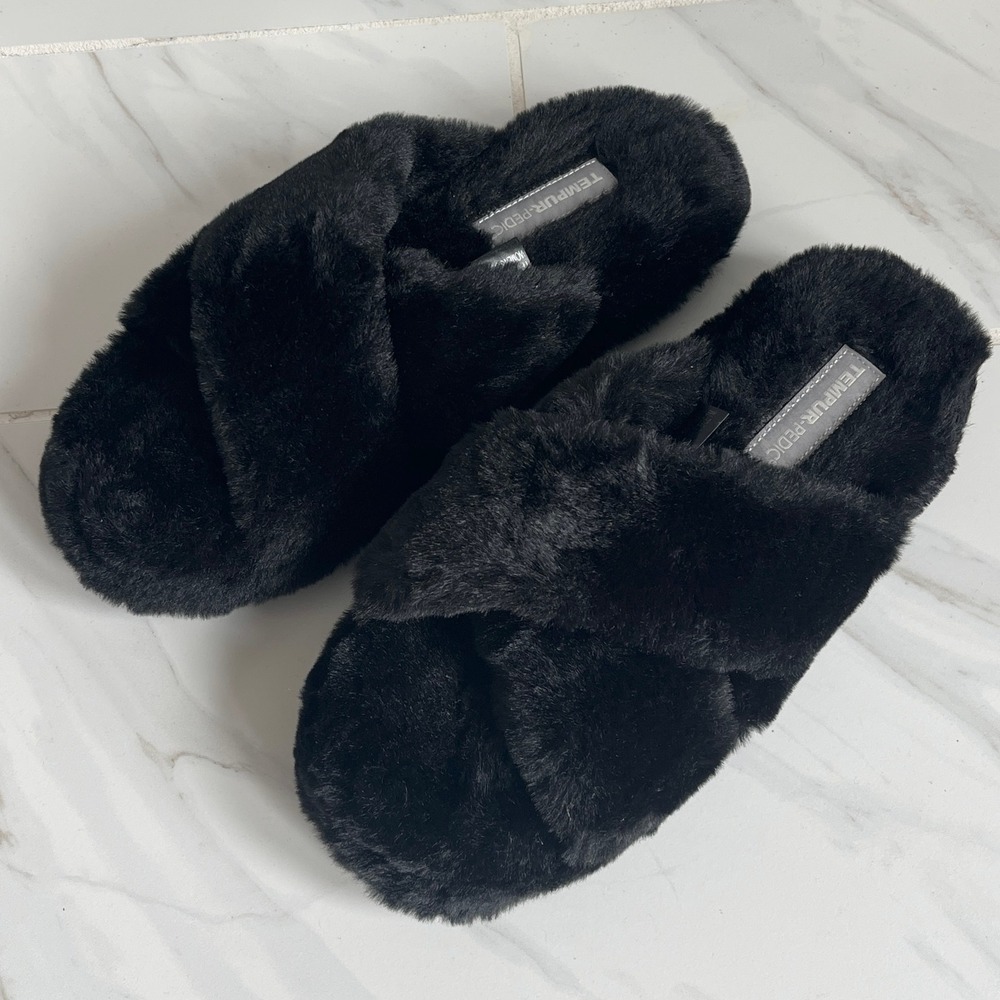 Tempur-Pedic Womens Sloan Faux Fur Slipper Cross Strap Black House Shoe Size 7